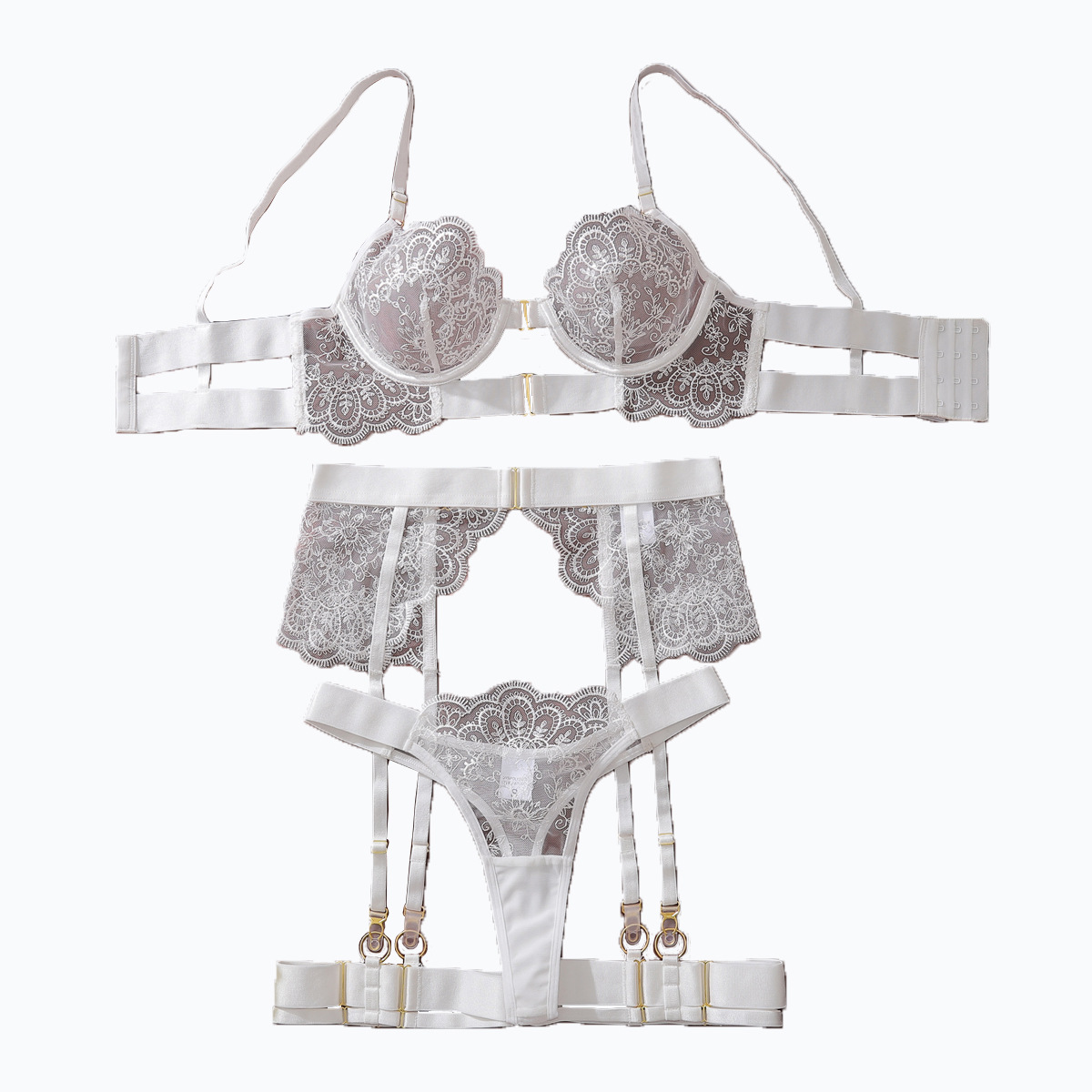 European and American Cross-Border 2025 New See-Through Heavy Craft Embroider Eyelash Lace Body-Shaping Sexy Intimates Split Set