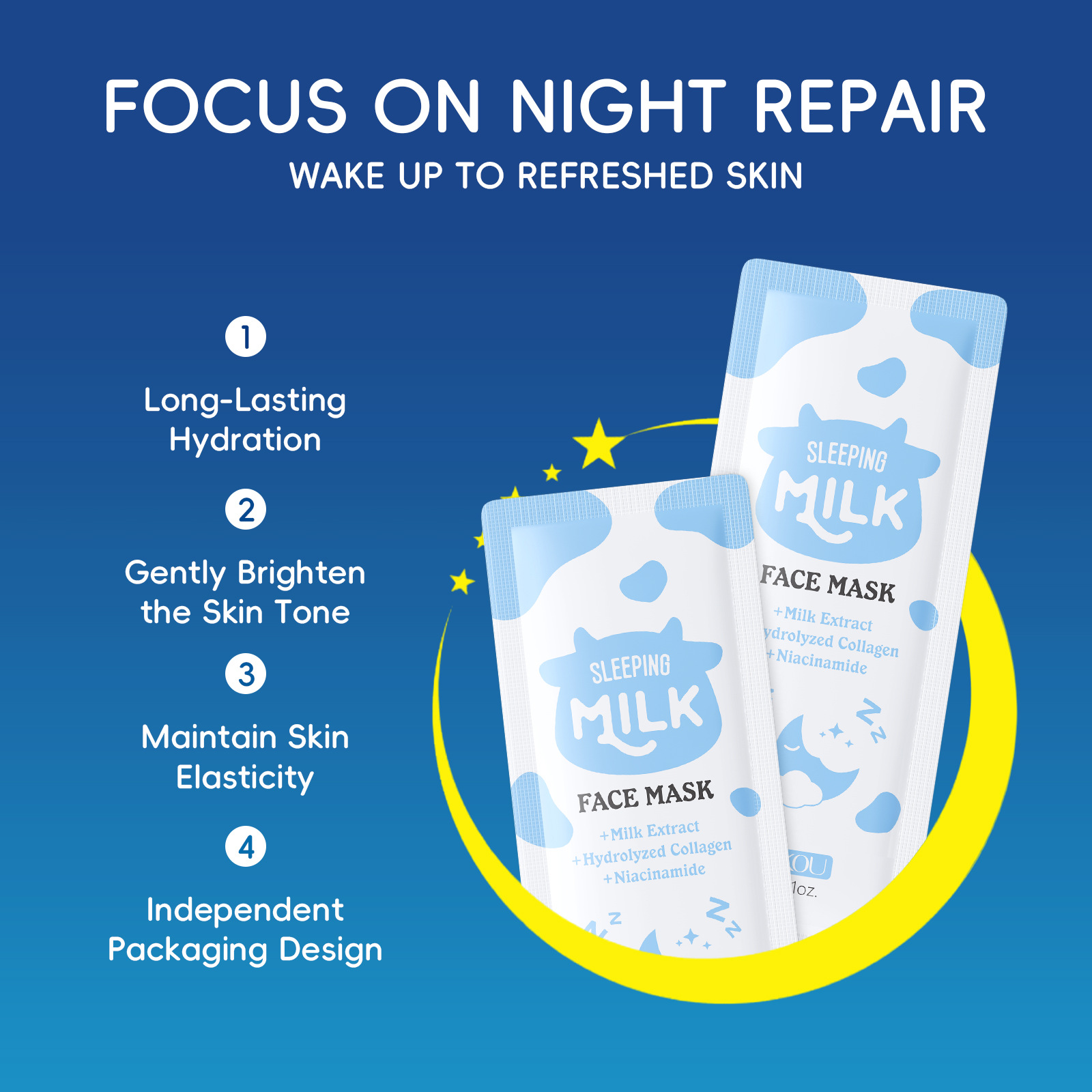 Cross-Border Full English Facial Mask Laikou Milk Sleeping Mask 3g Hydrating and Moisturizing Export Spot Facemask