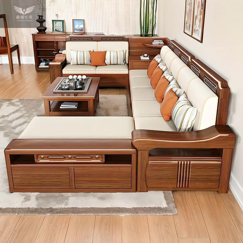 New Chinese Style Living Room Complete Set of Solid Wood Sofa, Walnut Wood for Large and Small Sizes, Suitable for Both Winter and Summer, Elegant Solid Wood Storage Sofa