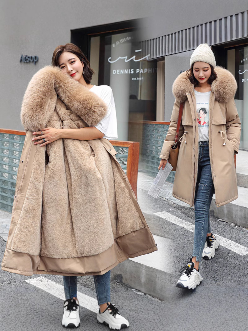 Зимняя европейская и американская новая хлопковая куртка для женщин 2025 года, средняя длина, большой меховой воротник, флисовая подкладка, утолщенная хлопковая куртка