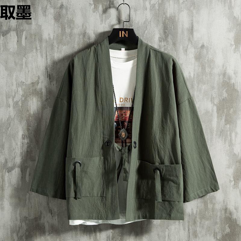 Летний китайский халат из перьев, мужской ханфу, кардиган из хлопка и льна, японский кимоно с укороченными рукавами, флисовая подкладка