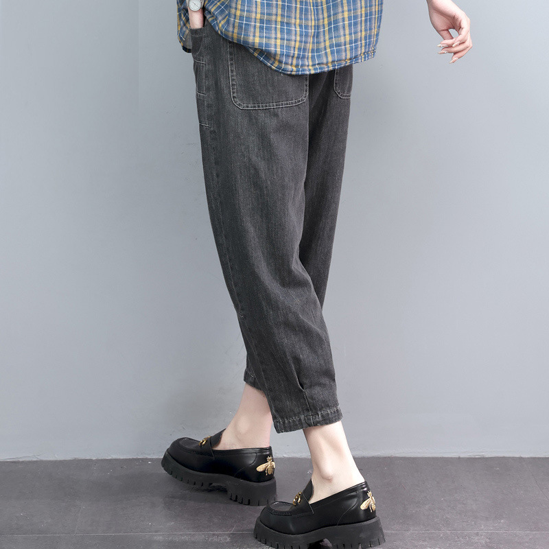 Spring and Summer Thin High Waist Denim Cropped Pants Women's Loose Slimming Large Size All-match Embroidered Stretch Waist Trendy Harem Pants