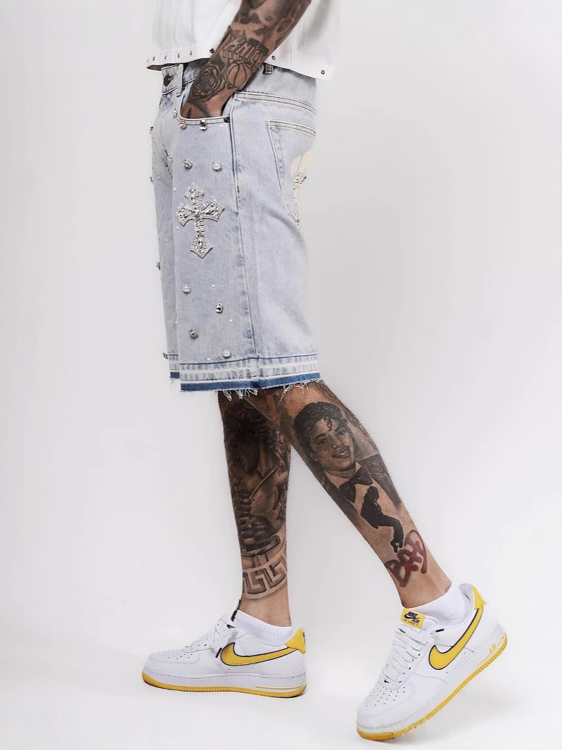 European and American Cross-Border High Street Full of Diamonds 2025 New Hip-Hop Cross Straight Hot Diamond Denim Shorts Five-Point Jeans