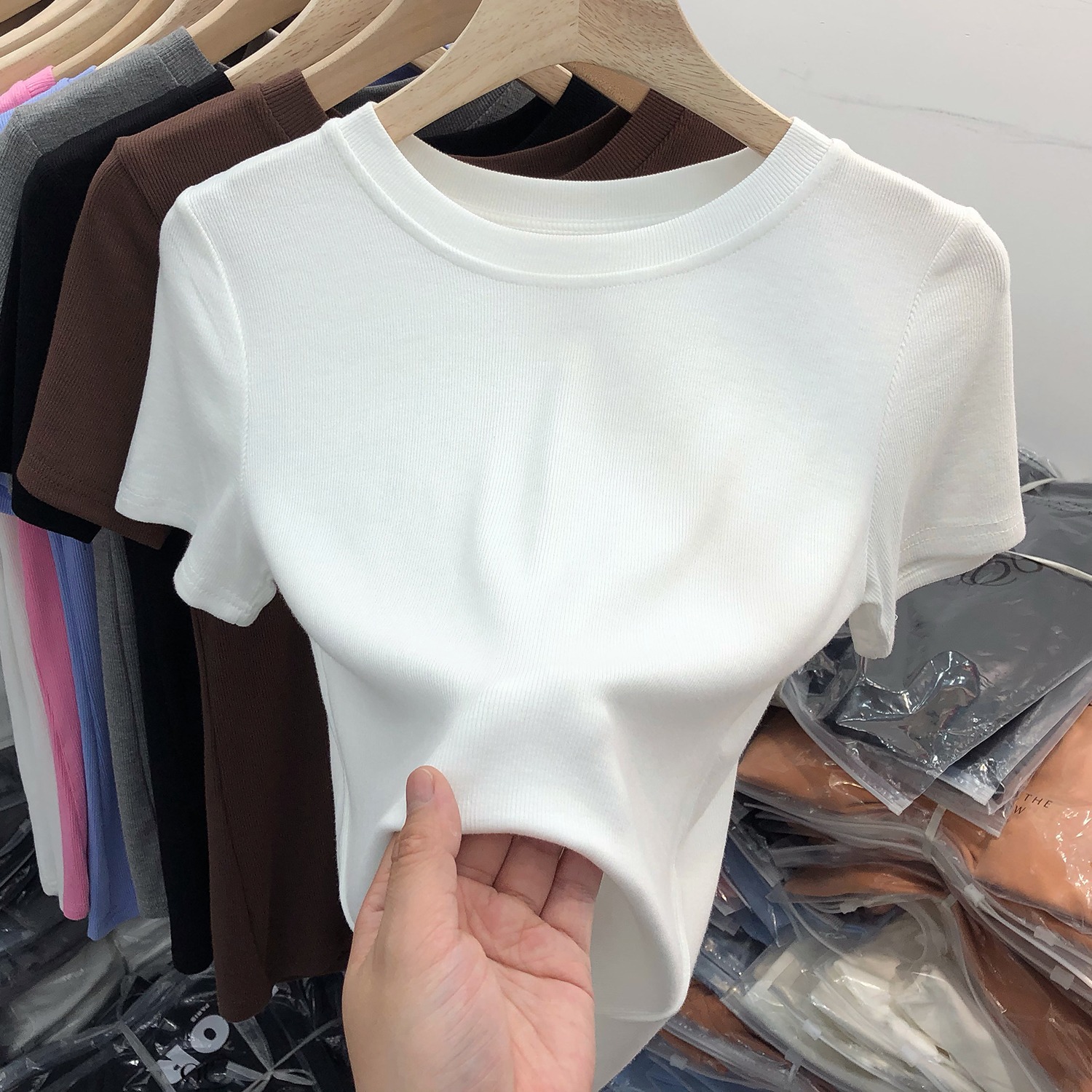 2025 Summer New Style Threaded Round Neck Slim T-Shirt Women's Short-Sleeved Versatile Inner Layer Pure Color Bottoming Shirt Top T-Shirt