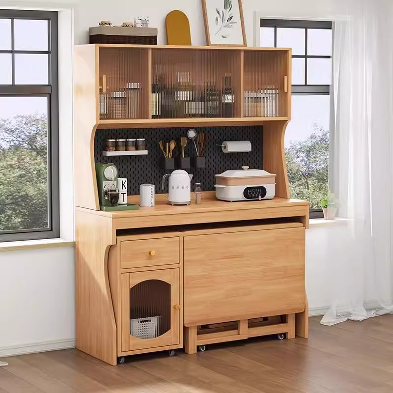 Folding Dining Table Small Apartment Full Solid Wood Sideboard Dining Table Integrated Household Multi-functional Wall Storage Cabinet