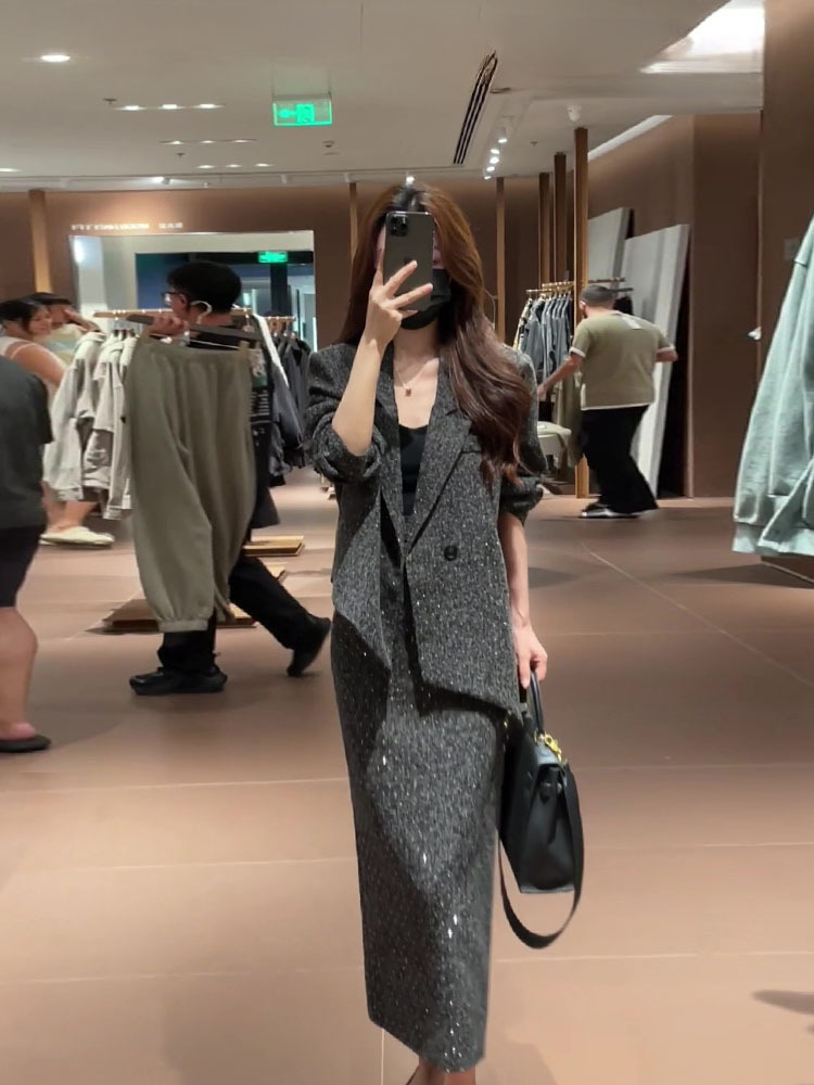 2741 plus size Women's High-end Shiny Suit Jacket Women's High Waist Slimming Split Skirt Two-piece Set