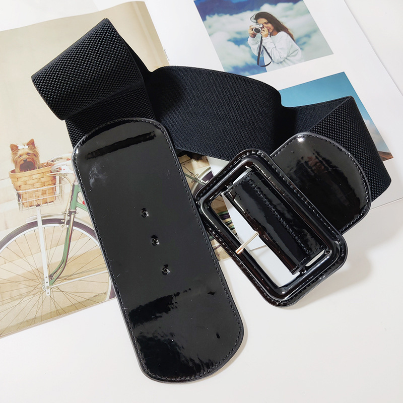 New Red Elastic Belt with Dress, down Jacket, Elastic Waist Cincher, Simple Black Wide Belt