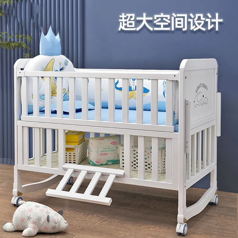 White Solid Wood European Style Crib Removable Treasure Multifunctional Cradle Kidsren's Splicing Large Bed Newborn Bb