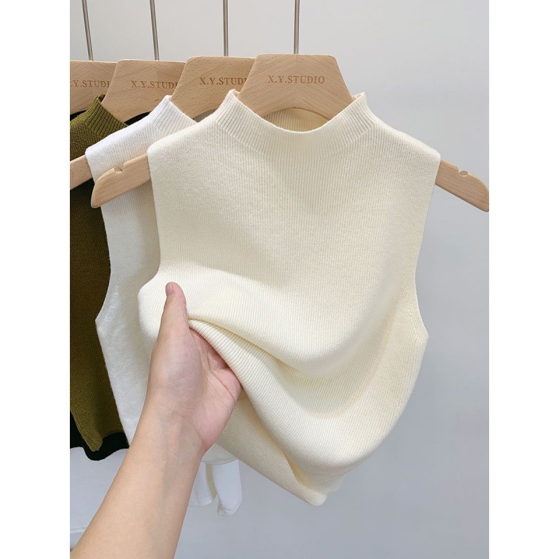 Summer Elegant Inner Knitted Sweater Bottoming Shirt Half Turtleneck Camisole Short Top Sleeveless Yiniao