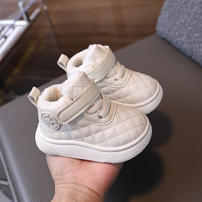 Autumn and winter high-top baby boys and girls soft bottom non-slip toddler shoes 1-3 years old fleece-lined thick warm cotton shoes bread shoes