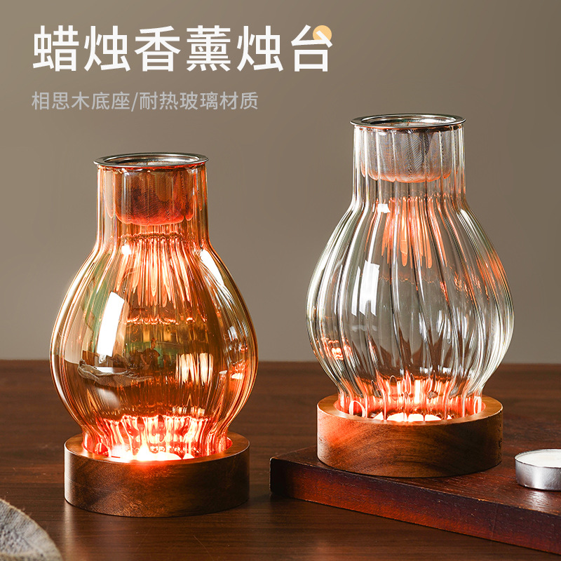 Glass Candle Holder Antique Incense Lamp Household Windproof Candle Holder Wax Light Lamp Tea Room Ornaments Creative Stripe Aromatherapy
