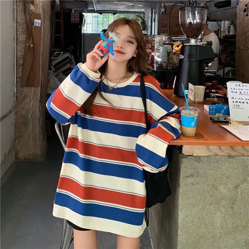 2025 Autumn New Korean Style Loose Striped Long Sleeve T-Shirt for Women, Trendy and Versatile Thin Top for Students