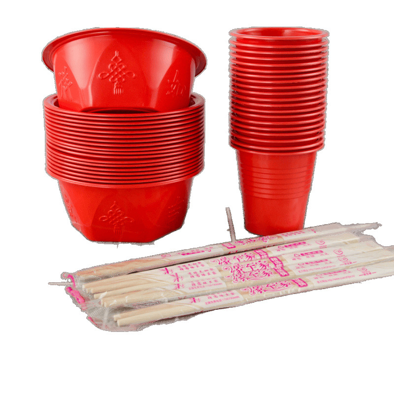 Disposable Tableware Set for Banquets, Household Environmentally Friendly Thickeneded Cups, Dishes and Spoons, Wedding Banquet Red Plastic Tableware Bowls
