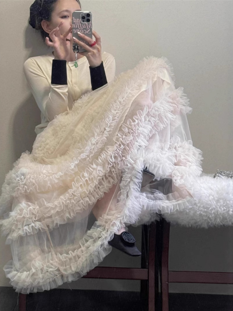 2025 Niche Fairy Atmosphere Long Skirt Korean Style Simple Mesh Splicing Layered Cake Layered Skirt