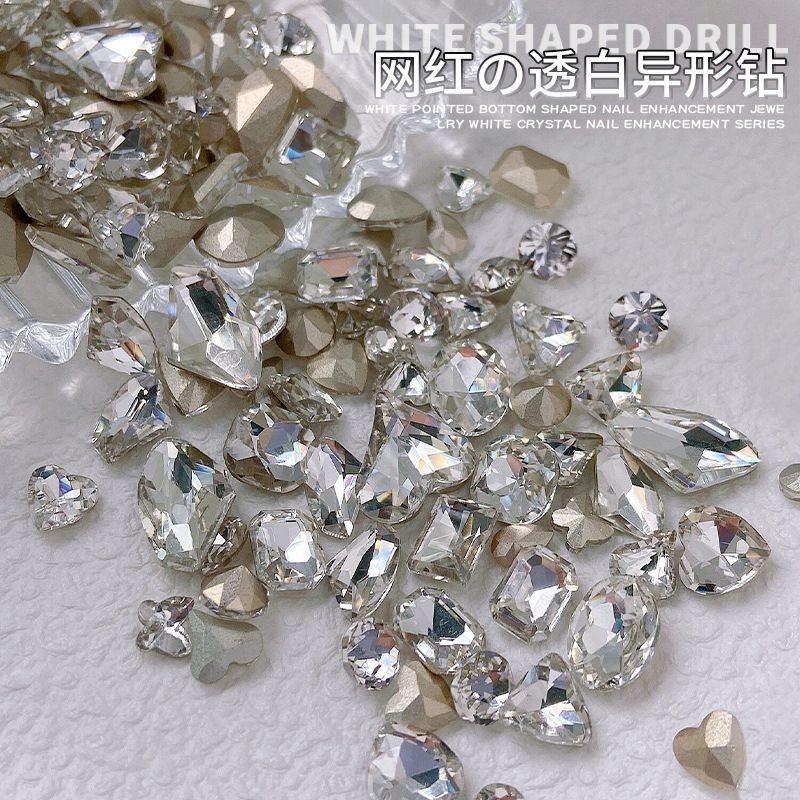 Wholesale nail jewelry transparent pointed bottom drill super flash big crooked heart axe water droplets fat square butterfly white diamond nail accessories
