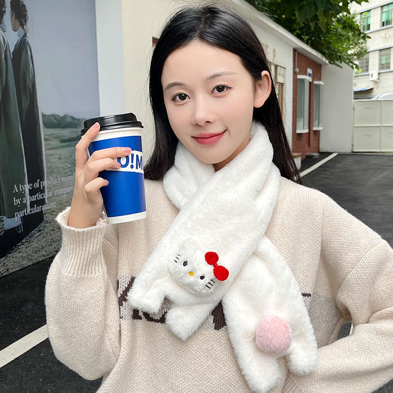 Scarf Women's Winter Warm and Cute Japanese Style Versatile Thickeneded Plush Neck Gloves Cold-Proof Halter All-Inclusive Mittens