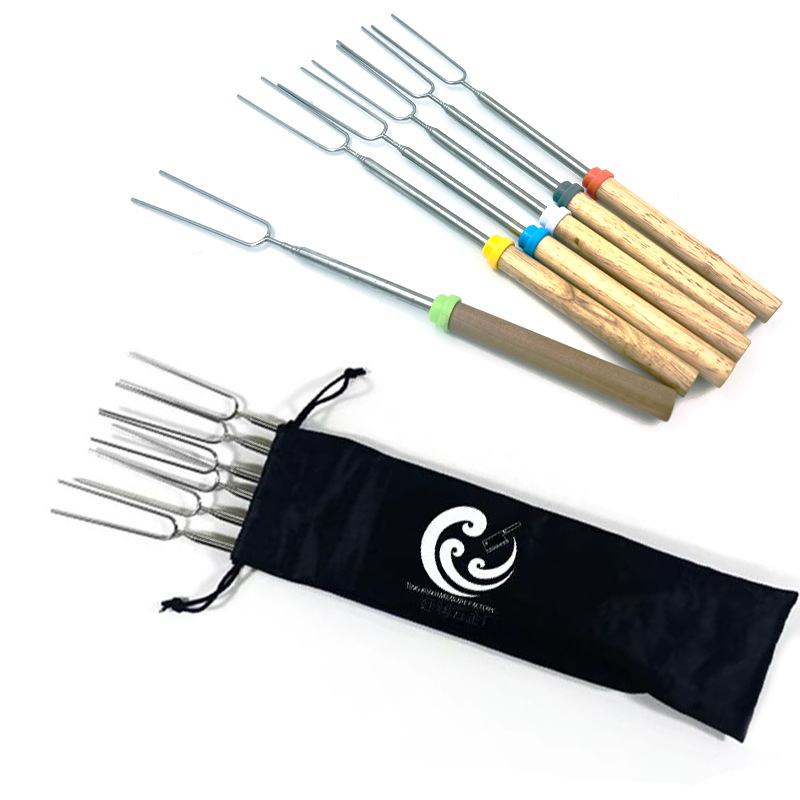 Color Outdoor BBQ Stainless Steel Telescopic Barbecue Fork 12 Color Bag Set Barbecue Fork Set Wooden Handle Telescopic Fork