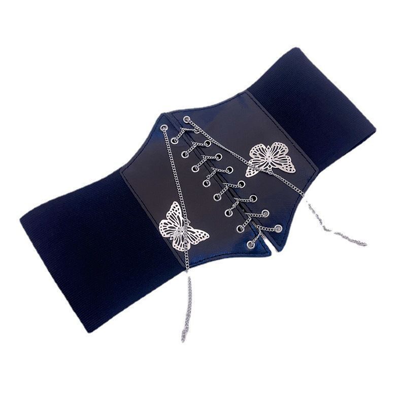 New Style Women's Ultra-Wide Palace-Style Waist Belt with Bowknot, Chain Embroidery, Slimming Elastic Waistband for Waist Cinching