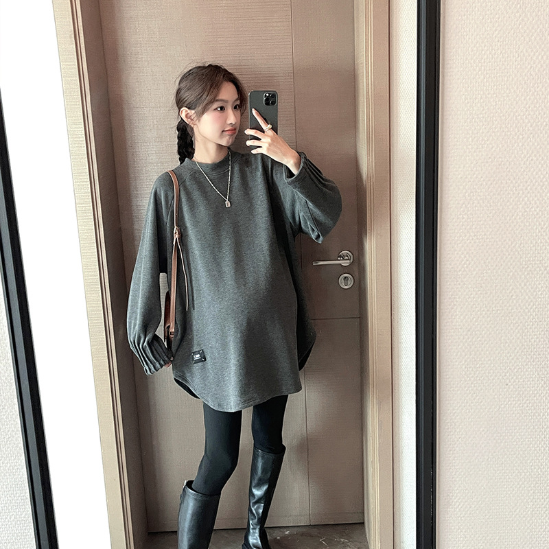 New Korean style maternity clothes fashion fleece-lined boutique fabric round neck maternity bottoming T-shirt thickened bottoming shirt loose