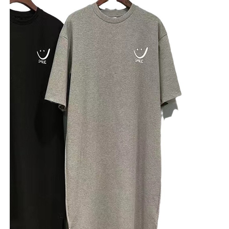 South Korea plus size T-shirt Women's Summer New College Style Short Sleeve Loose Split Mid-length dress Top for Women