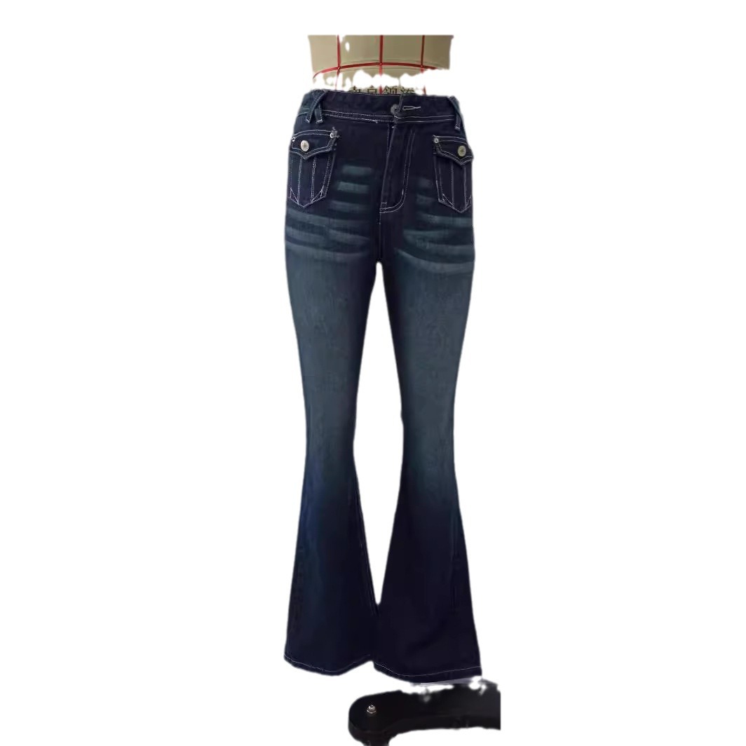 European and American Foreign Trade Cross-Border Supply Fashion High-Waisted Multi-Pocket Flared Jeans for Women