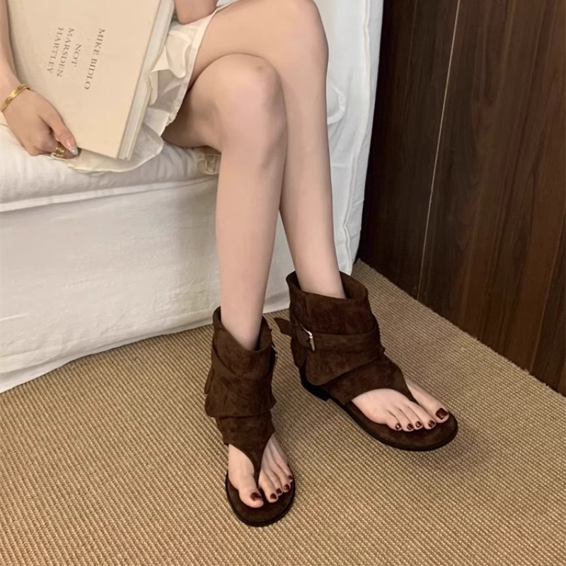 French-Style Back-Strap Thong Sandals for Women, 2025 Summer New Flat Sandals with Slip-On Pant Leg Fashion Roman Ankle Boots