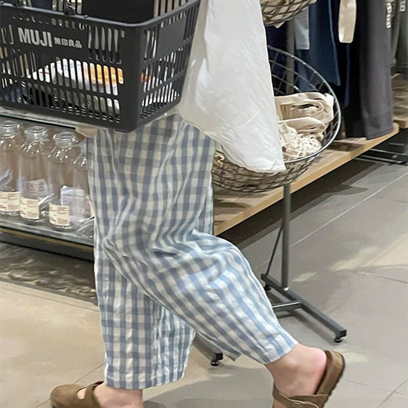 This year's popular plat pants cotton and linen wide legs chubby girl small belly covering hip width baby blue pants summer