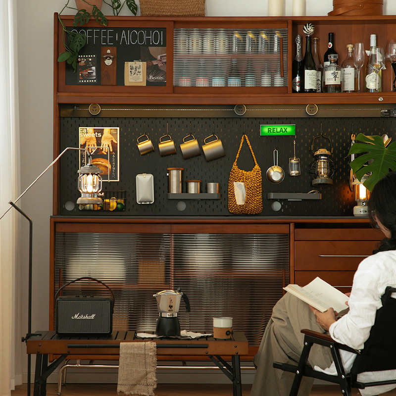 XW Nordic Retro Solid Wood Sideboard High Cabinet Wall Integrated Kitchen Wine Cabinet Rock Board Storage Cabinet