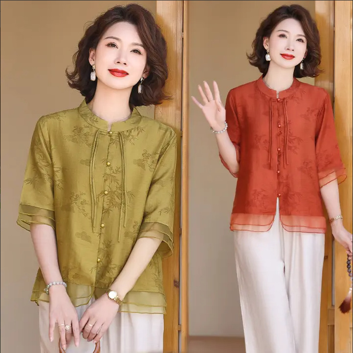 Mother's Summer Dress 2025 New suit Women's Middle-aged and Elderly Guofeng Small Shirt Summer Dame Printed New Chinese Top