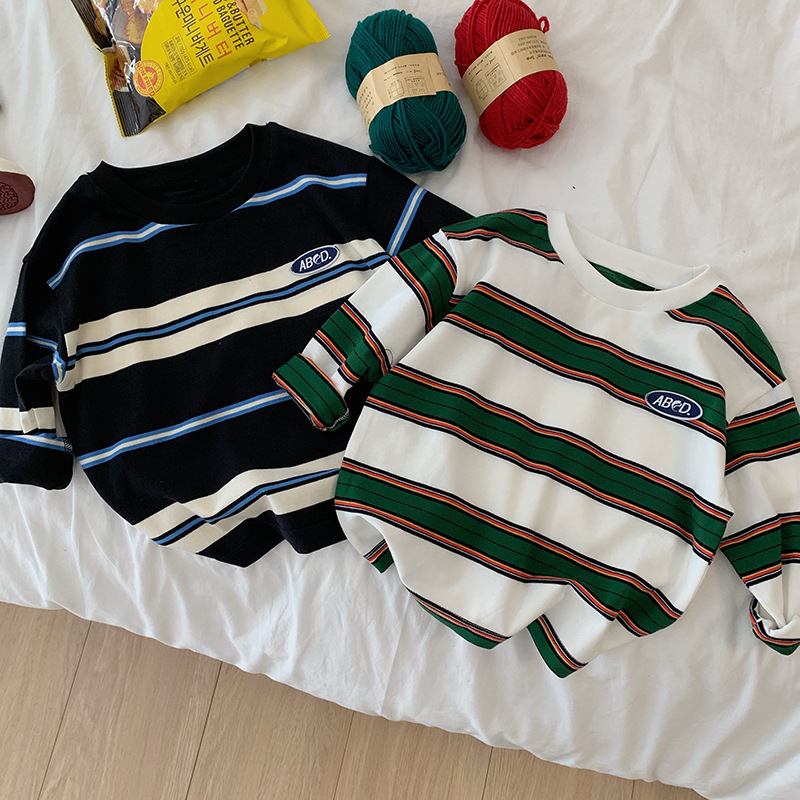 Boys' autumn children's striped contrast color fashionable T-shirt long sleeve loose casual T-shirt top versatile handsome fashion
