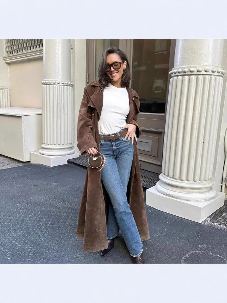 Spot Cross-Border European and American Autumn and Winter Women's Retro Loose Long-Sleeved Belt Double-Breasted Windbreaker Jacket