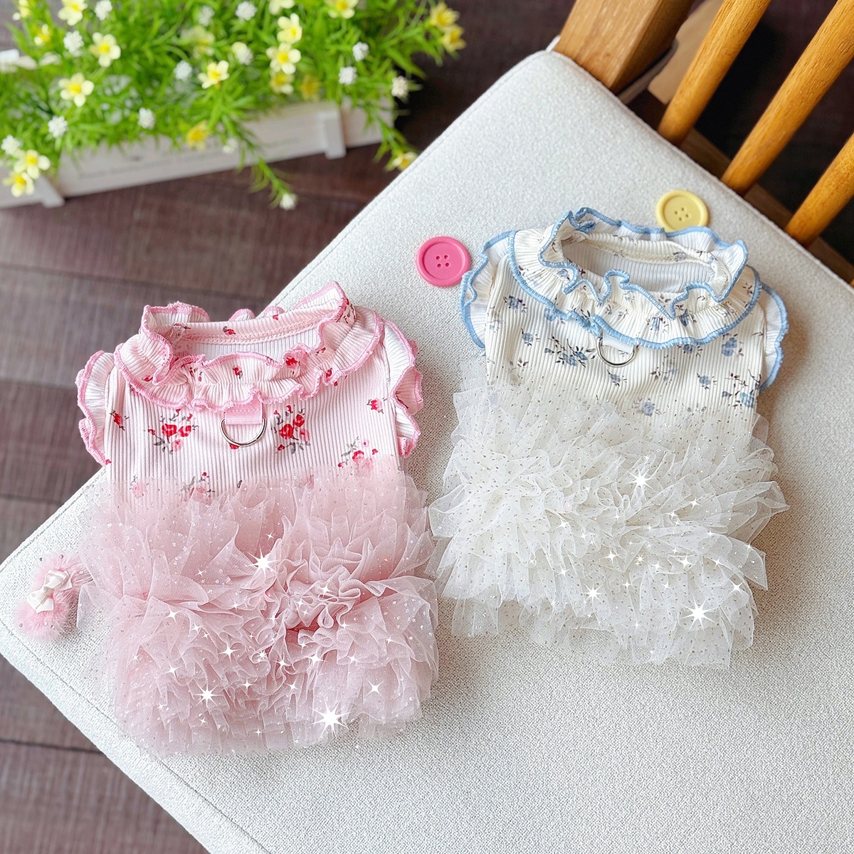 New cute wind ice silk cotton pet dog cat puffy dress teddy bear can be pulled clothes wholesale