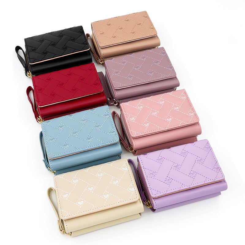 New Women's Short Wallet Simple Embroidered Heart Pu 70% off Card Bag Multi-Card Slot Wallet Wallet Wholesale