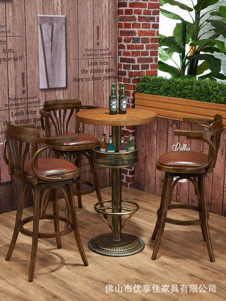 Solid Wood Bar Table and Chair Set, Bar Counter Chairs, Clear Bar Dining Bar High Stools, Cafe Armrest High Chairs, All Solid Wood