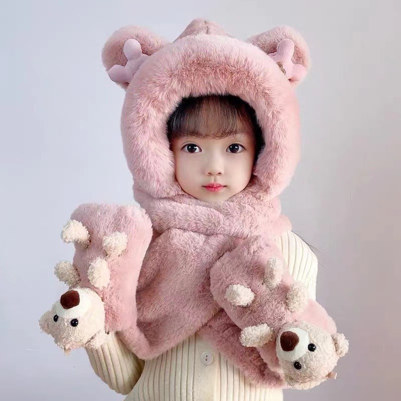 Parent-Child Bear Hat Scarf Integrated Children's Baby fleece-lined Thickened Cute Plush Scarf Gloves Three-Piece Set