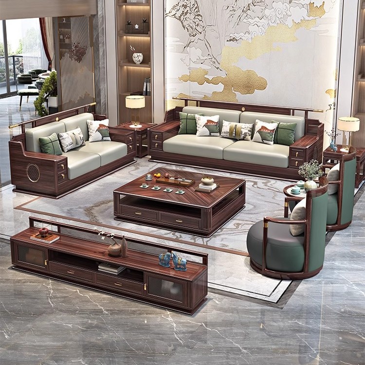 Ebony Solid Wood Leisure Chair Combination Three-Piece Set Genuine Leather Single Sofa Chair House Living Room Home Classy Furniture