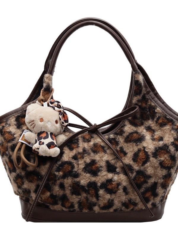 Korean Style Retro Plush Leopard Print Tote Bag New Large Capacity Bow Commuter Handbag Commuter Underarm Bag