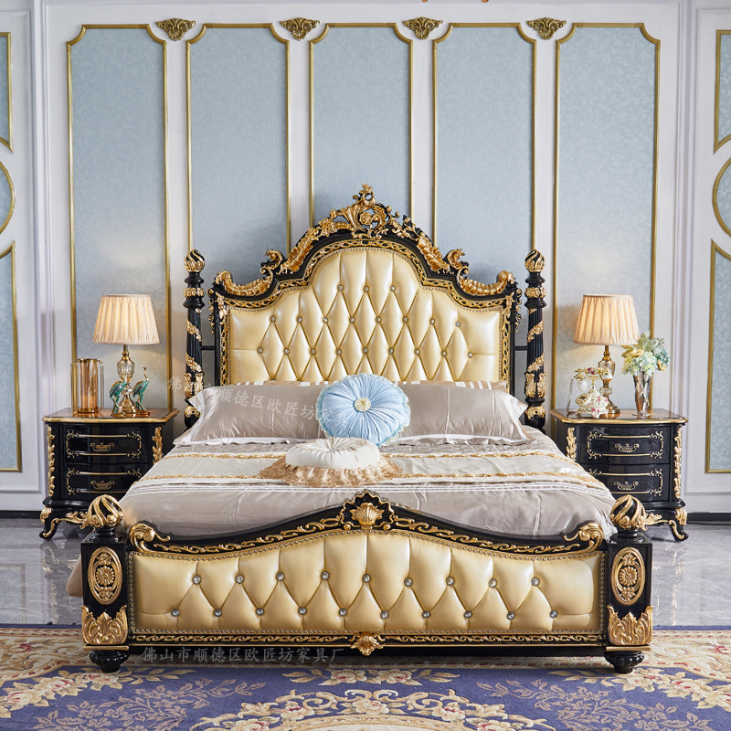 European Leather Double Bed Hand-Carved French Style 1.8m Double Bed Master Bedroom Solid Wood Leather King Bed 2m Wedding Bed