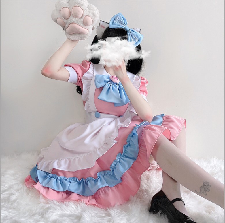 S-4XL plus size maid super cute big bow Lolita dress women's big pink blue cute skirt