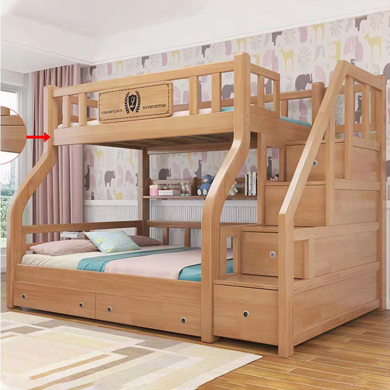 Solid Wood Bunk Bed for Children, Suitable for Small Apartments, Multifunctional Combination of Oak Upper and Lower Beds