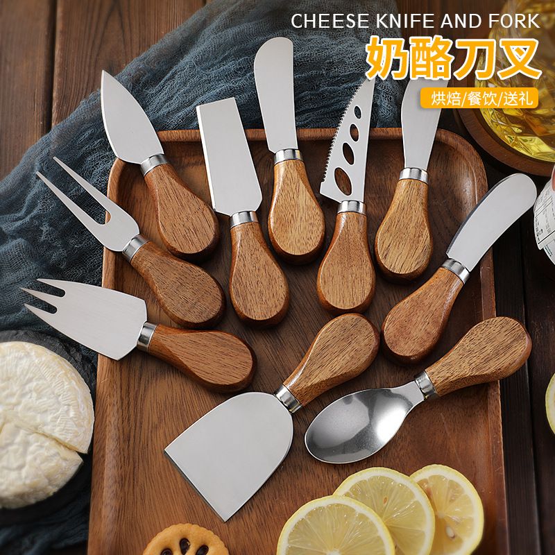 Cross Border in stock Acacia Wood Cheese Knife Western Cheese Tool Knife and Fork Butter Knife Butter Knife Stainless Steel Cheese Knife