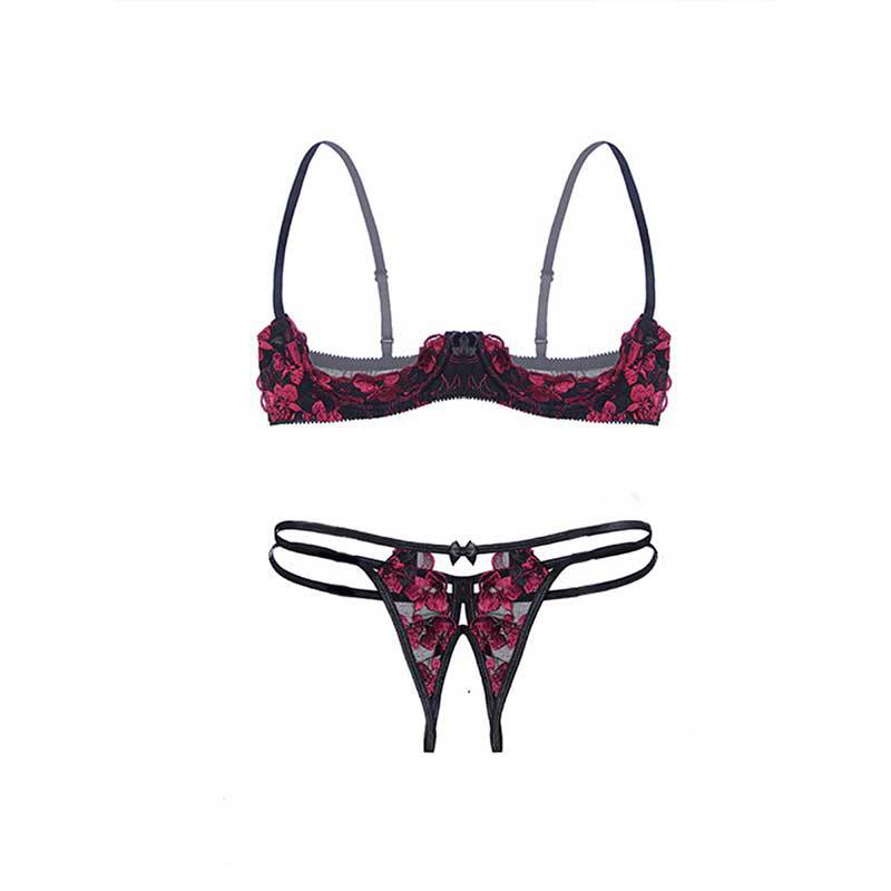 Sexy Lingerie, Sexy High-End Embroidered Underwire Bra Set, Open Crotch, No Need to Take Off Underwear, Uniform Set