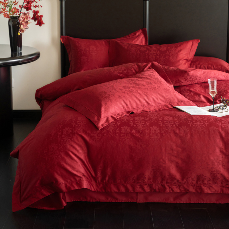 Modern Light Luxury Style Cotton Jacquard Wedding Four-piece Set Big Red 100S Pure Cotton High-end Quilt Cover Bed Sheet Accompanying