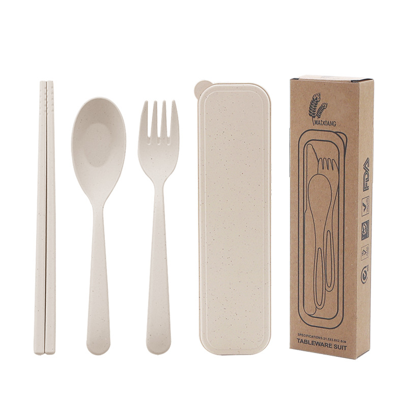Wheat Straw Tableware Box Portable Outdoor Travel Wheat Flavor Spoon Fork Chopsticks Three-piece Tableware Set Gift logo
