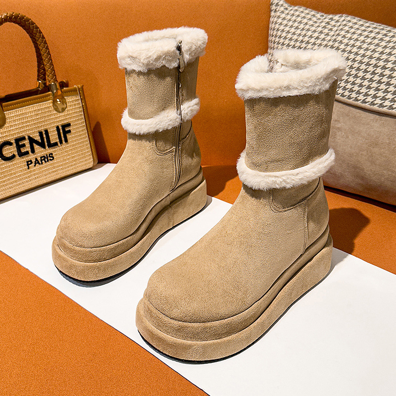 Furry Snow Boots for Women 2025 Winter High Heels New Thick Sole Fleece-Lined Maillard Warm Short Boots Side Zipper