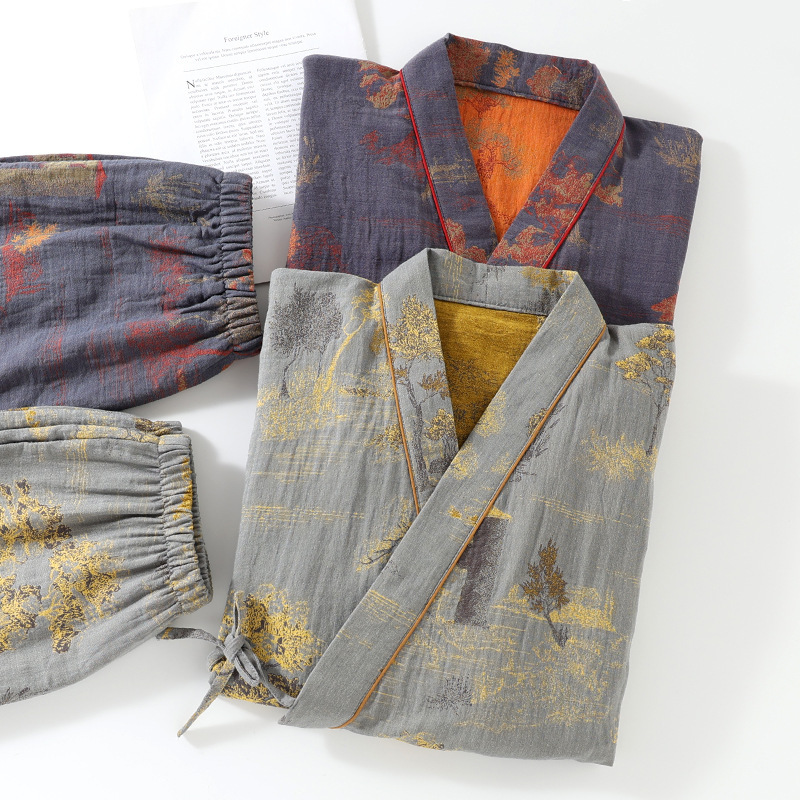 Men's Kimono Pajamas suit Yarn-dyed Jacquard Cotton Japanese-style Four-season Thin Sweatshirt Long-sleeved Trousers Home Wear