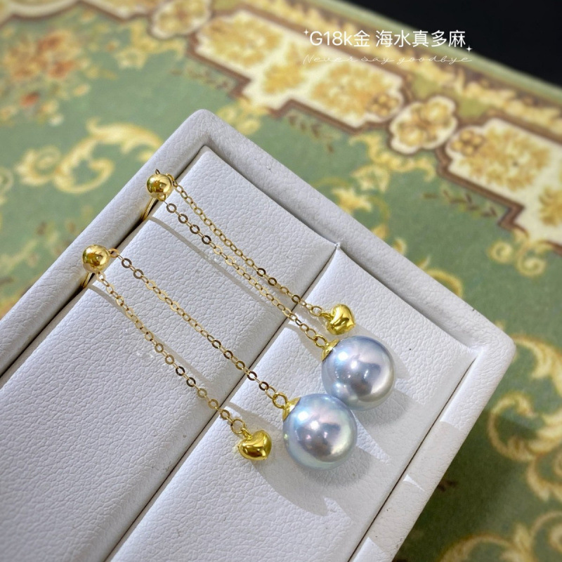 G18K Thick Gold Heart Sea Water Pearl Earrings 8-9mm Sea Water Real Hemp Pearls
