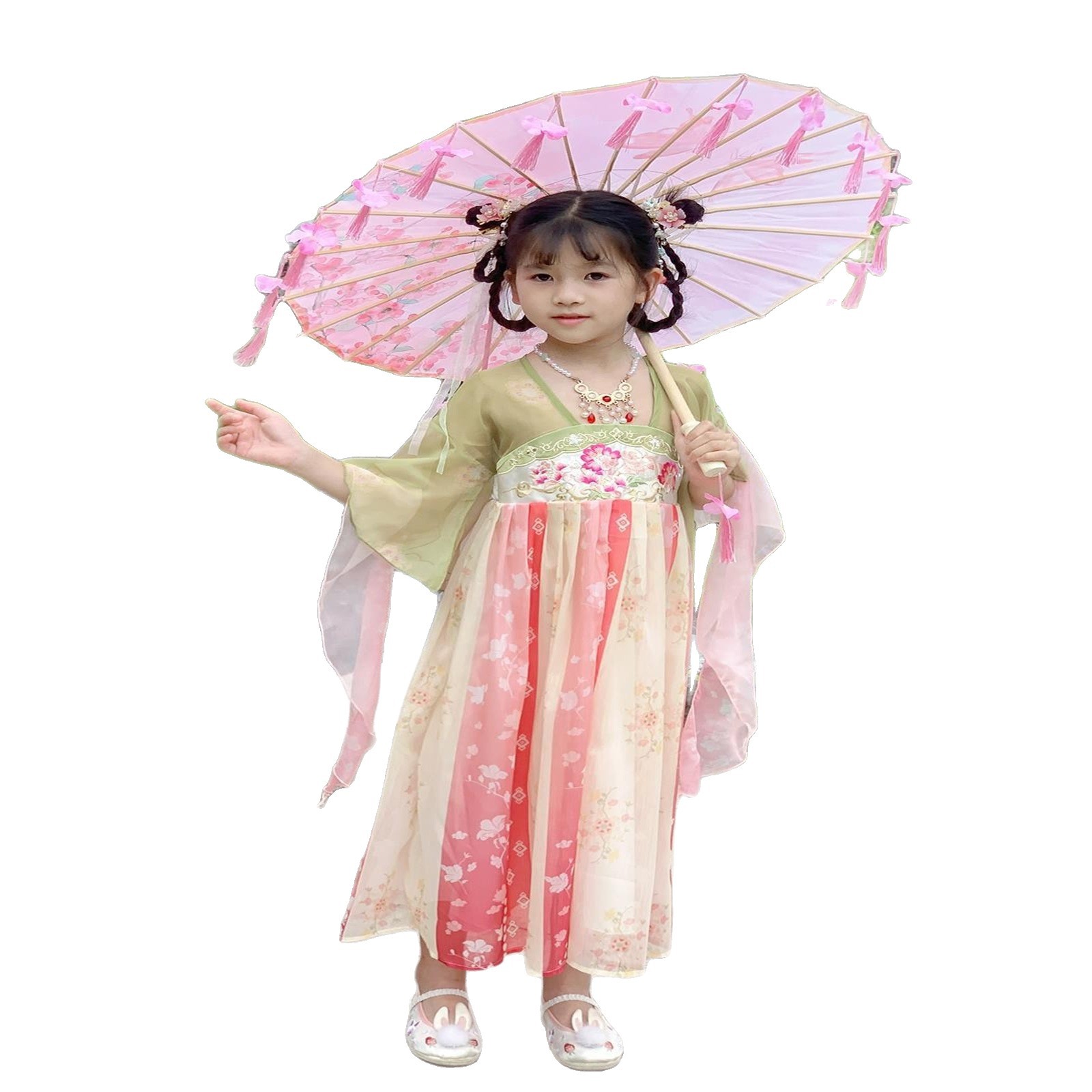 Small Children's Petal Tassel Umbrella for Girls' Dance Performance, Hanfu Props, Decorative Photography Umbrella, Cheongsam Hanfu Oil-Paper Umbrella