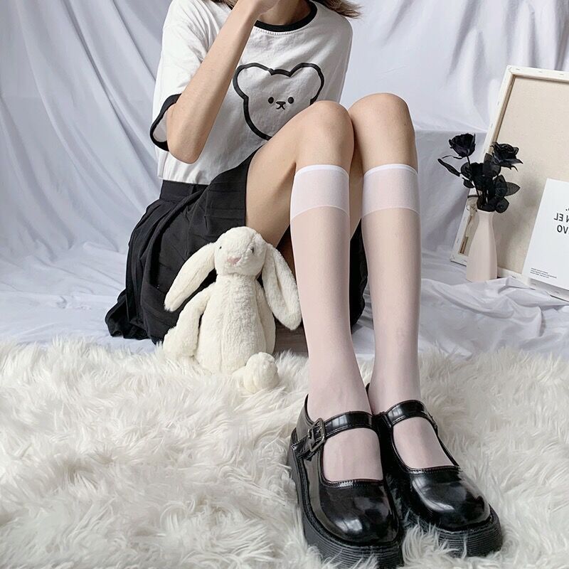 Transparent calf socks black socks women JK spring and summer thin mid-tube autumn long-tube ins tide half-tube stockings Japanese style