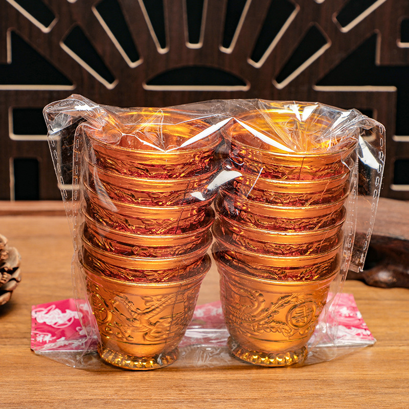 Golden Plastic Worshipping Cup Dragon and Phoenix Relief Ancestral Temple Worshipment of God Buddha Worshipping Table for Wine Glass Buddha Tools Water Purification Cup